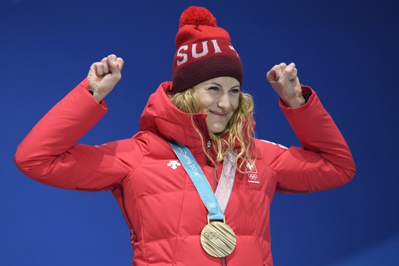 Bronze medalist Fanny Smith of Switzerland celebrates during the victory ceremony on the Medal Plaza for the women Freestyle Skiing Ski Cross event at the XXIII Winter Olympics 2018 in Pyeongchang, So ...