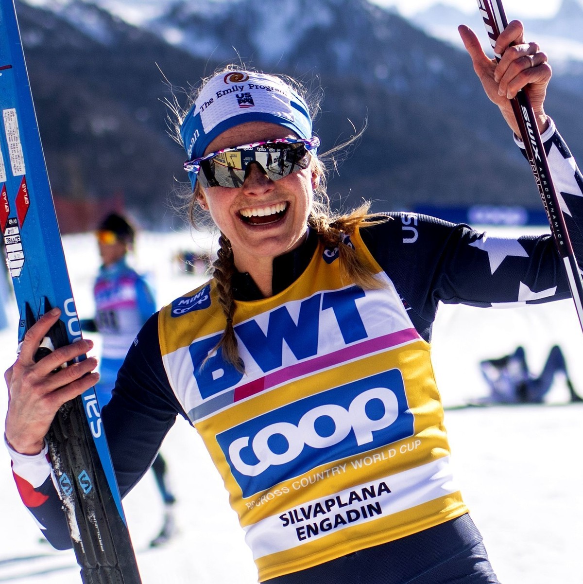Jessie Diggins of the United States smiles after the women's 10 km classic style mass start cross country skiing world cup race in Silvaplana, Switzerland Saturday, March 13, 2021. (Gian Ehrenzel ...