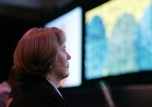 FILE- In this Sept. 11, 2007 file photo Diane Greene, CEO of VMware Inc. waits to be introduced before delivering her keynote address at the VMWorld 2007 conference in San Francisco. Greene is current ...