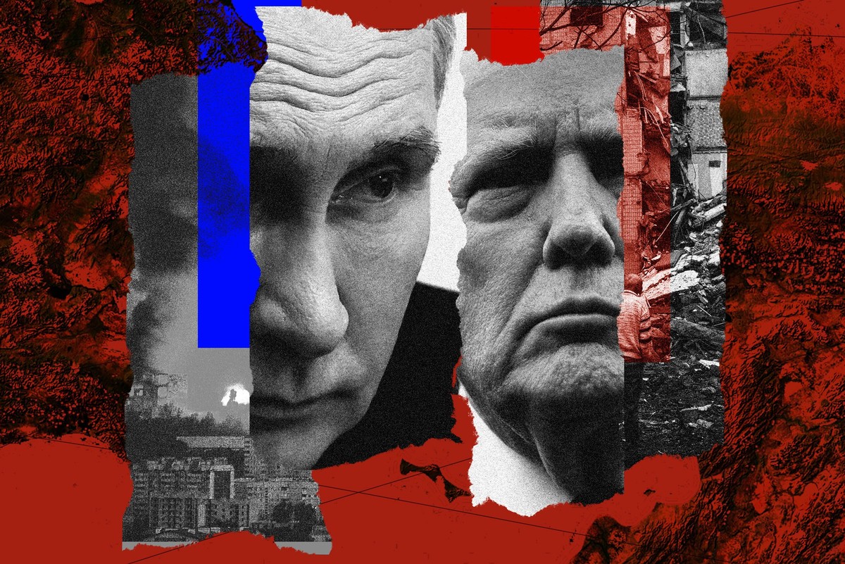 Wirft Trump nun die Ukraine unter den Bus? Fotomontage zeigt Wladimir Putin und Donald Trump vor einer Karte von Alaska und der östlichsten Spitze Russlands.