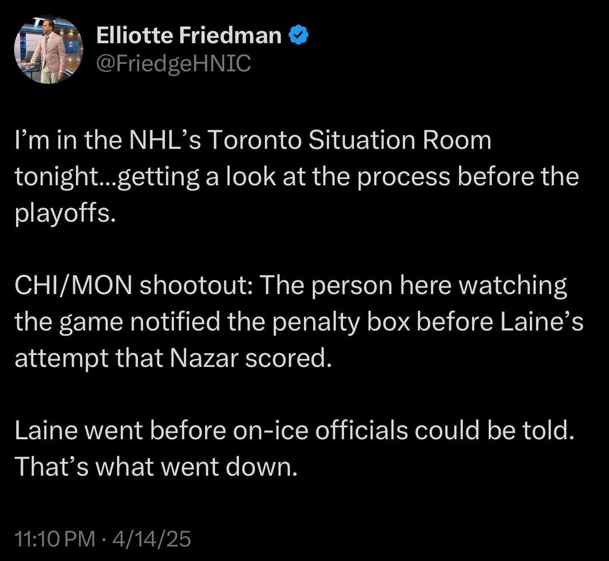 Eliotte Friedman zum Penalty zwischen Chicago und Montreal.