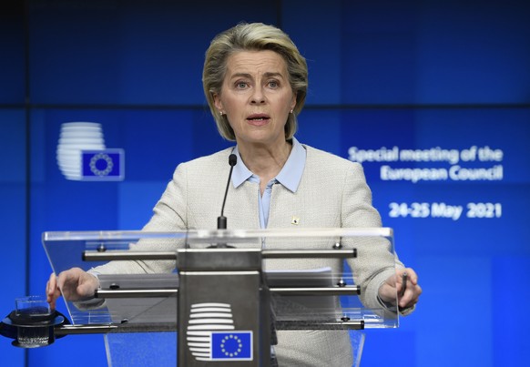 European Commission President Ursula von der Leyen speaks during a media conference at an EU summit in Brussels, Tuesday, May 25, 2021. The European Union agreed Monday to impose sanctions against Bel ...