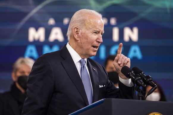 epa09739248 US President Joe Biden announces the federal government will provide financial backing for a system of country-wide electric vehicle chargers the Eisenhower Executive Office Building in Wa ...