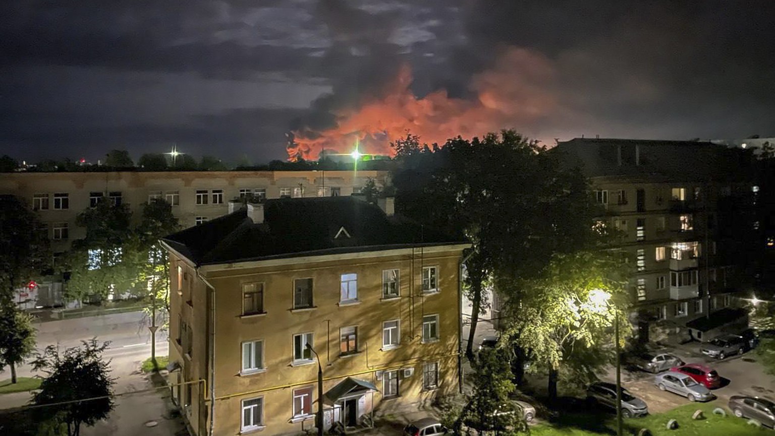 epa10827977 A handout photo made available by the Governor of Russian Pskov region Mikhail Vedernikov Telegram channel shows smoke billowing and explosions light after Russian militaries destroyed dro ...