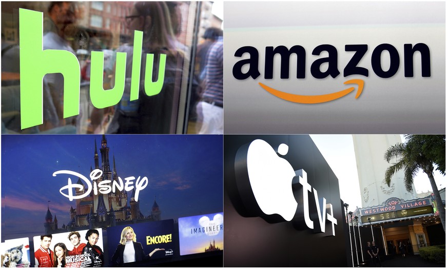 This combination photo shows, clockwise from top left, the Hulu logo on a window at the Milk Studios space in New York, the Amazon logo in Santa Monica, Calif., the Apple TV+ logo displayed outside th ...