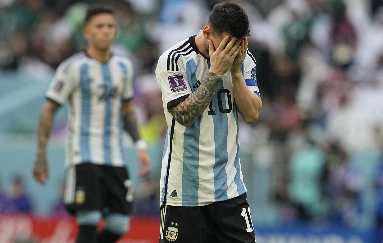 Argentina&#039;s Lionel Messi reacts after missing a chance during the World Cup group C soccer match between Argentina and Saudi Arabia at the Lusail Stadium in Lusail, Qatar, Tuesday, Nov. 22, 2022. ...