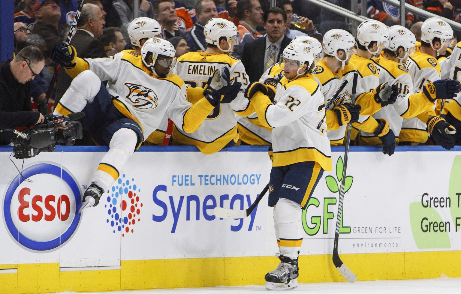 Nashville Predators&#039; Kevin Fiala (22) celebrates a goal with teammates against the Edmonton Oilers during the second period of an NHL hockey game, Thursday, Dec. 14, 2017 in Edmonton, Alberta. (J ...