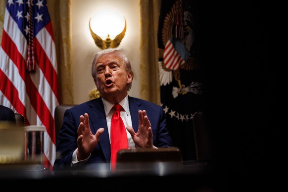 epa12442790 US President Donald Trump speaks during a Cabinet Meeting at the White House in Washington, DC, USA, 09 October 2025. US President Donald Trump announced that Israel and Hamas have agreed  ...