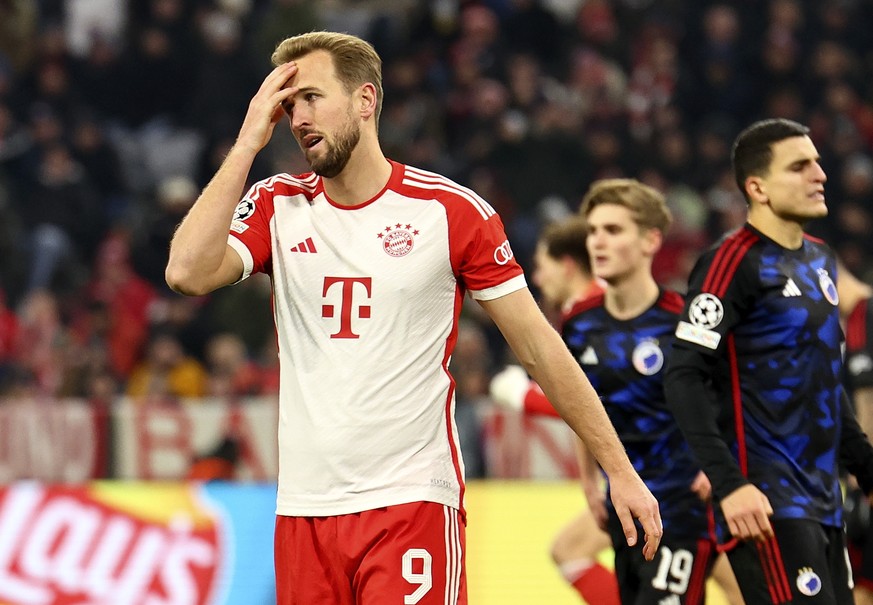 epa11002432 Munich&#039;s Harry Kane reacts during the UEFA Champions League group A match between FC Bayern Munich and FC Copenhagen in Munich, Germany, 29 November 2023. EPA/ANNA SZILAGYI