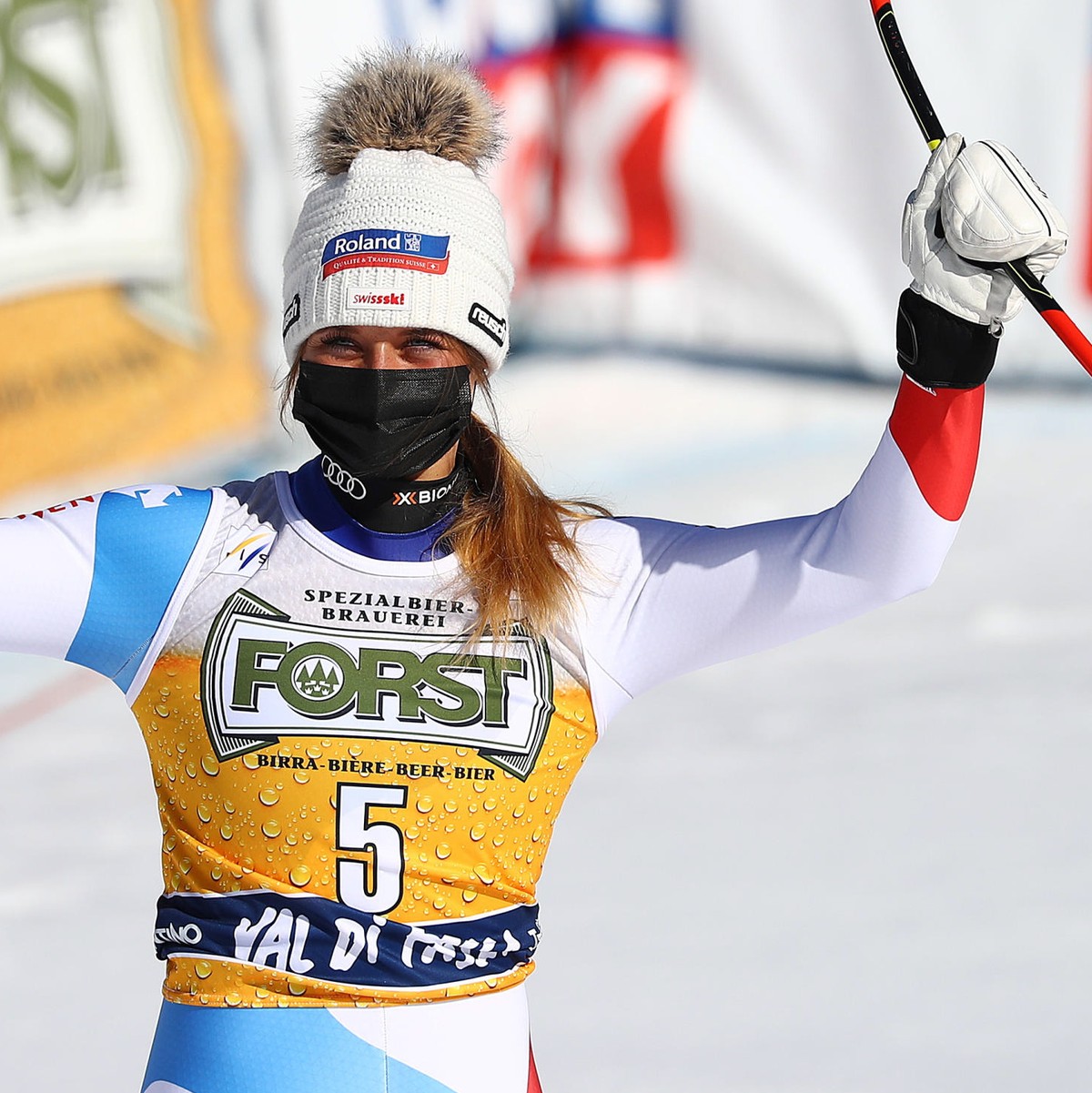 epa09038064 Third placed Corinne Suter of Switzerland in the finish area after the Women's Downhill race at the FIS Alpine Skiing World Cup in Val di Fassa, Italy, 26 February 2021. EPA/ANDREA SO ...