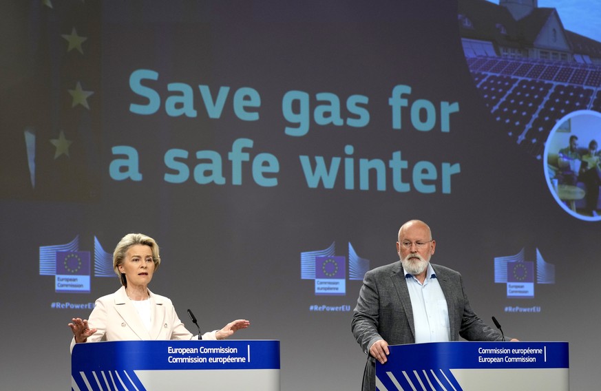 Minus 15 Prozent: EU-Kommissionschefin Ursula von der Leyen mit Klima-Kommissar Frans Timmermans bei der Vorstellung der Gas-Sparpläne am Mittwoch.