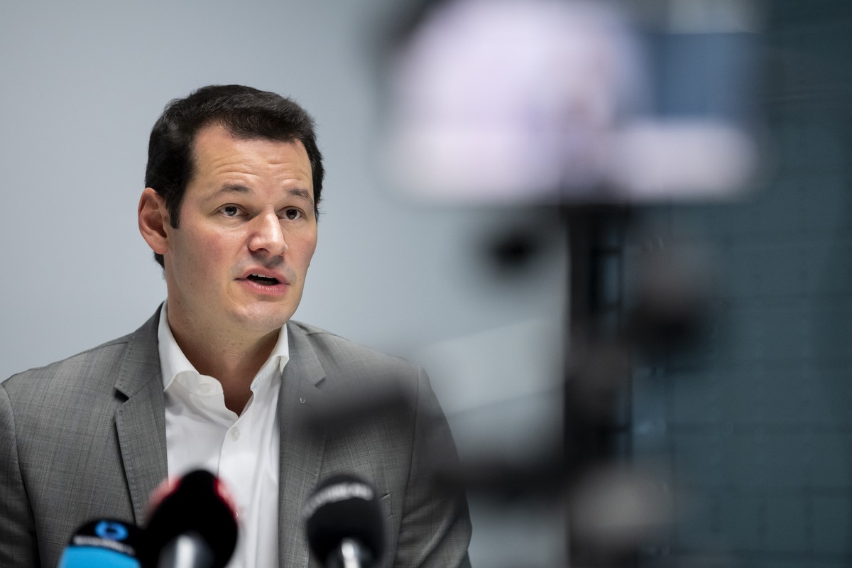 Pierre Maudet, conseiller d'Etat genevois parle lors d'une conference suite a un audit au Departement du developpement economique (DDE) le jeudi 29 octobre 2020 a Geneve. Le conseiller d ...