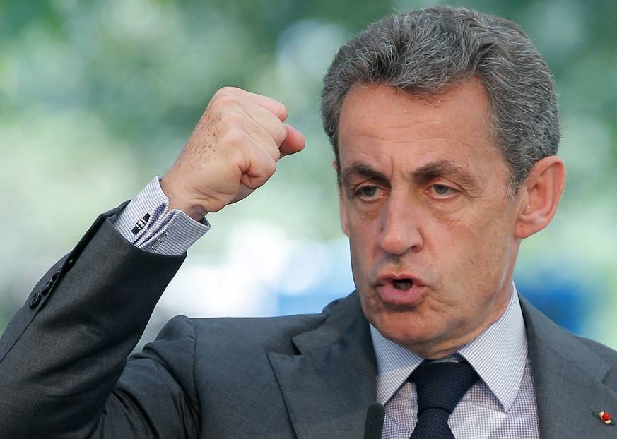 Nicolas Sarkozy, head of France&#039;s Les Republicains political party and former French president, delivers a speech during a meeting with Les Republicains party members in Brumath near Strasbourg,  ...