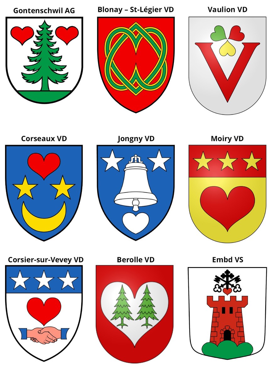 Alle neun Schweizer Gemeindewappen mit Herz