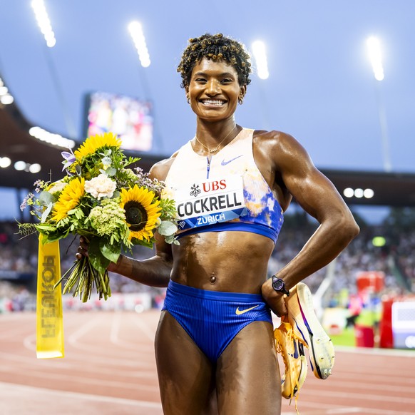 The winner Anna Cockrell of United States celebrates during the women's 400 meters hurdles at the World Athletics Diamond League Weltklasse Zurich athletics meeting at the Letzigrund stadium in Z ...