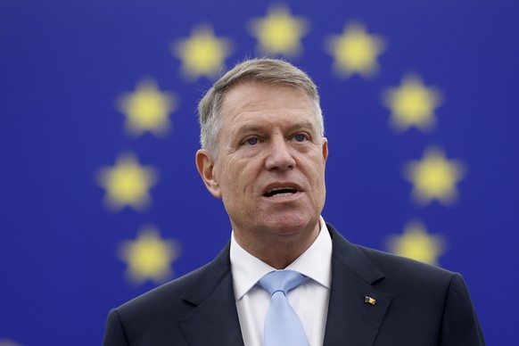 Romania President Klaus Iohannis addresses the European Parliament Wednesday, Feb. 7, 2024 in Strasbourg, eastern France. (AP Photo/Jean-Francois Badias)