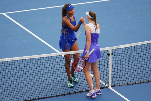 Thea Frodin, of the United States, left, greets Elena Rybakina, of Kazakhstan, after Rybakina won their match during the first round of the U.S. Open tennis championships Tuesday, Sept. 1, 2026, in Ne ...