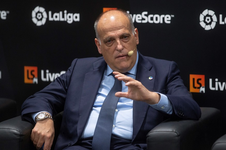 epa07837772 Spanish National Professional Football League LaLiga President Javier Tebas attends the presentation of the sports application LiveScore in Madrid, Spain, 12 September 2019. The newly rele ...