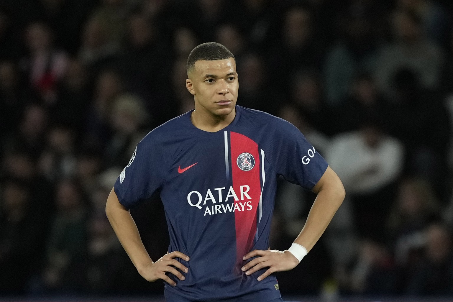 PSG&#039;s Kylian Mbappe gestures during the Champions League quarterfinal first leg soccer match between Paris Saint-Germain and Barcelona at the Parc des Princes stadium in Paris, Wednesday, April 1 ...