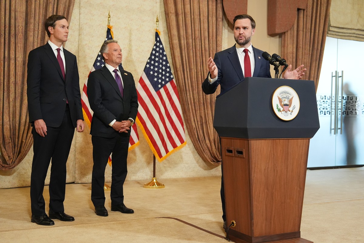 Vice President JD Vance, right, speaks during a news conference after meeting with representatives from Pakistan and Iran as Jared Kushner, left, and Steve Witkoff, Special Envoy for Peace Missions li ...