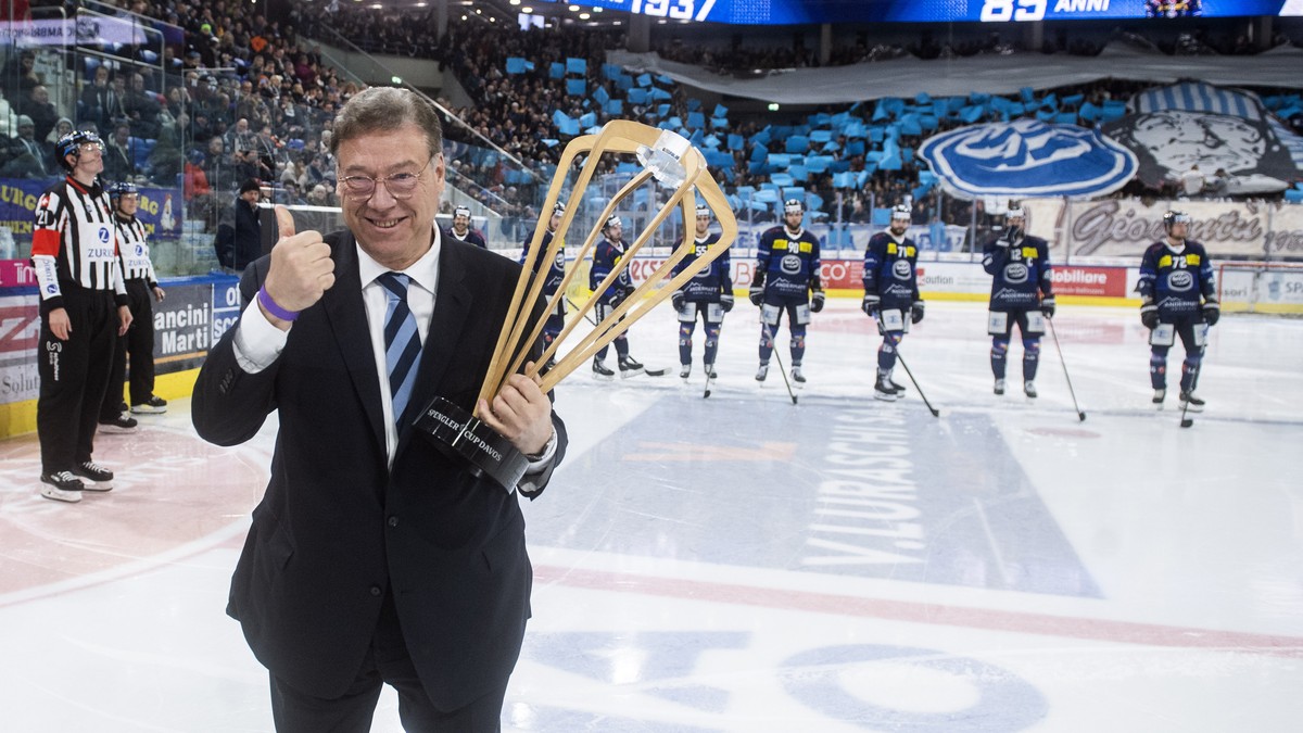 Ambri's president Filippo Lombardi with the Spengler Cup before the preliminary round game of National League Swiss Championship 2022/23 between HC Ambri Piotta and EHC Biel Bienne at the Gottard ...