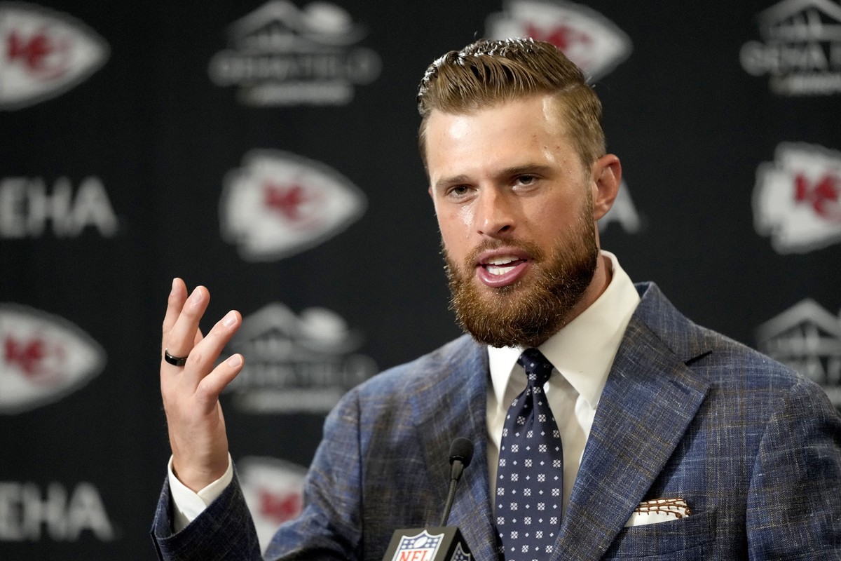 Kansas City Chiefs place kicker Harrison Butker talks to the media after an NFL football game against the Cincinnati Bengals Sunday, Sept. 15, 2024, in Kansas City, Mo. The Chiefs won 26-25. (AP Photo ...