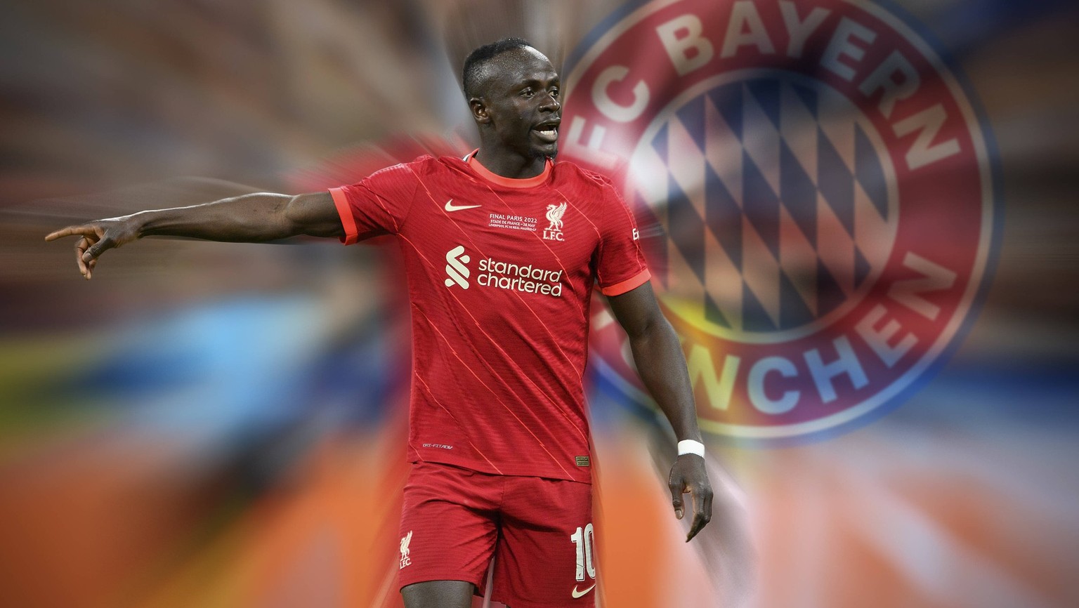 FOTOMONTAGE: Wechsel von Sadio Mane zum FC Bayern Muenchen ist perfekt Sadio MANE (LFC) Gestik, Geste, Fussball Champions League Finale 2022, Liverpool FC (LFC) - Real Madrid (Real) 0:1, am 28.05.2022 ...