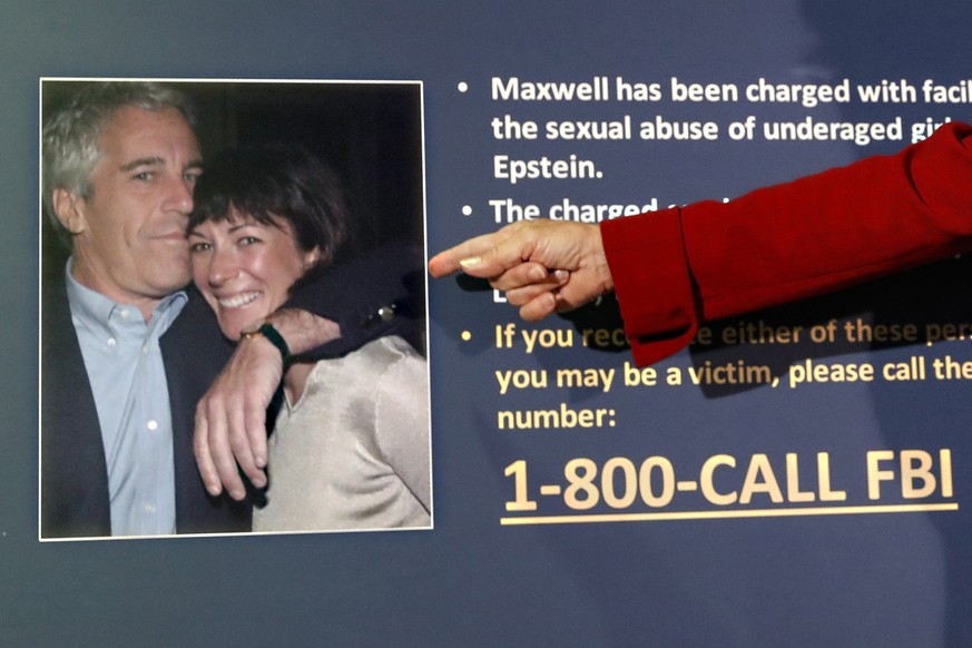 FILE?  Audrey Strauss, Acting United States Attorney for the Southern District of New York, points to a photo of Jeffrey Epstein and Ghislaine Maxwell during a press conference, July 2, 2020, in New York…