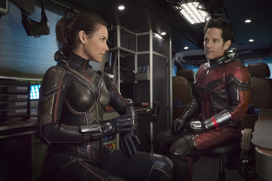 This image released by Marvel Studios shows Evangeline Lilly, left, and Paul Rudd in a scene from &quot;Ant-Man and the Wasp.&quot; (Disney/Marvel Studios via AP)