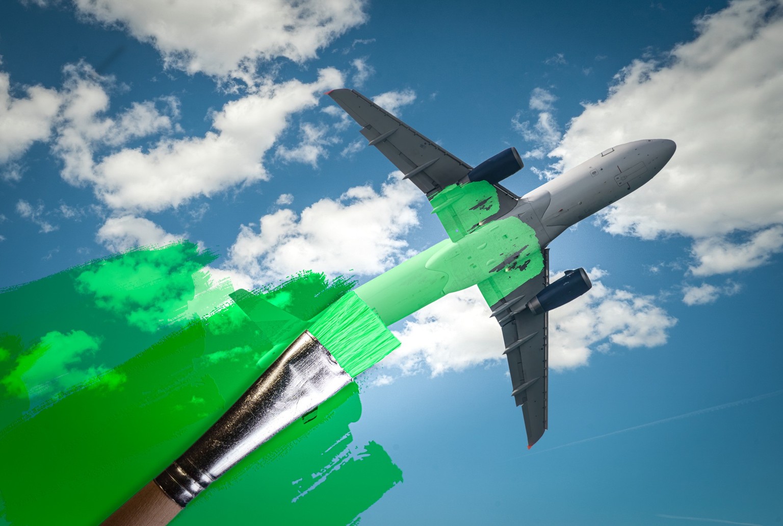 brush painting green an aircraft. Greenwashing malpractice, Zero emissions, SAF or Sustainable Aviation Fuel, Circular economy, net CO2 emissions or biofuel concepts.