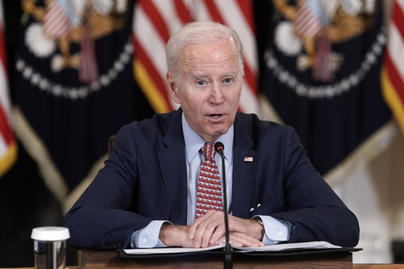 epa10558677 US President Joe Biden meets with the members of his Council of Advisors on Science and Technology in the State Dining Room at the White House in Washington, DC, USA, 04 April 2023. EPA/Yu ...
