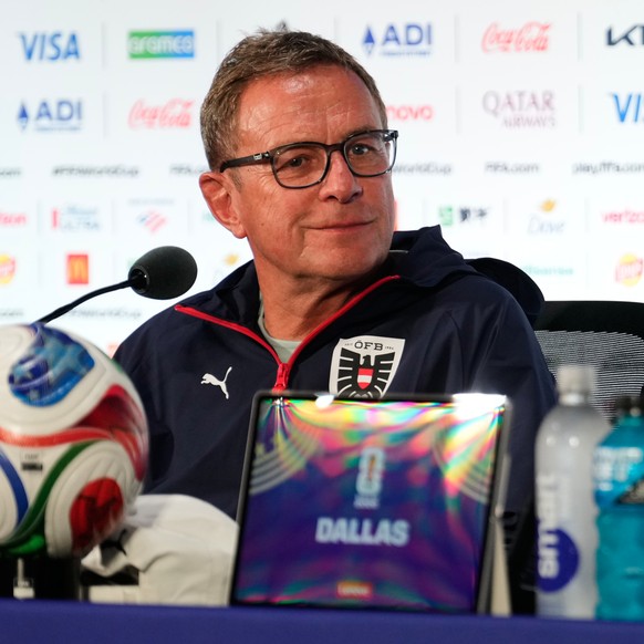 Austria head coach Ralf Rangnick smiles as he listens to a question during a news conference ahead of his team's World Cup Group J soccer match against Argentina, Sunday, June 21, 2026, in Arling ...