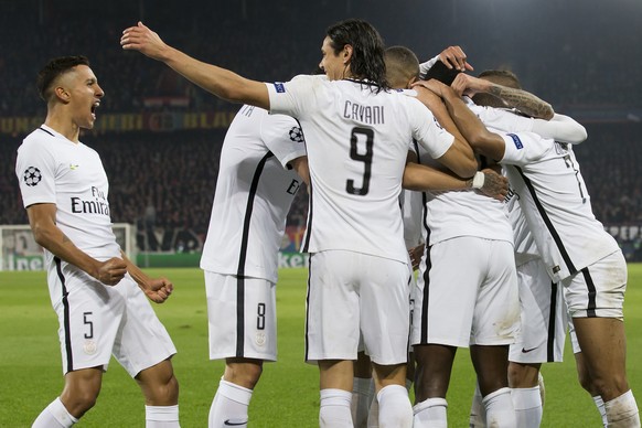 Paris Saint-Germain&#039;s soccer players celebrates after scoring the first goal during an UEFA Champions League Group stage Group A matchday 4 soccer match between Switzerland&#039;s FC Basel 1893 a ...