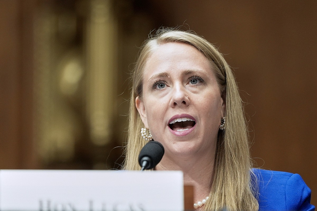 FILE - Andrea Lucas, nominee to be a member of the Equal Employment Opportunity Commission, testifies during a Senate Health, Education, Labor, and Pensions (HELP) Committee hearing, June 18, 2025, on ...