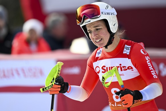 Jasmine Flury of Switzerland reacts in the finish area during the women&#039;s Downhill race at the Alpine Skiing FIS Ski World Cup, in Crans-Montana, Switzerland, Friday, February 16, 2024. (KEYSTONE ...