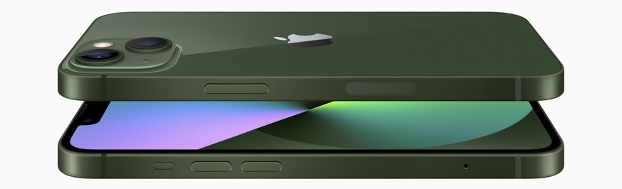 epa09811007 A handout photo made available by Apple shows the new green iPhone 13 during the Apple Keynote event at Apple headquarters in Cupertino, California, USA, 08 March 2022. EPA/APPLE HANDOUT E ...