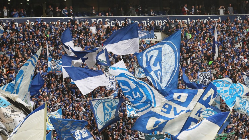 epa07488552 Schalke fans cheer for their team during the German Bundesliga soccer match between FC Schalke 04 and Eintracht Frankfurt in Gelsenkirchen, Germany, 06 April 2019. EPA/FRIEDEMANN VOGEL CON ...