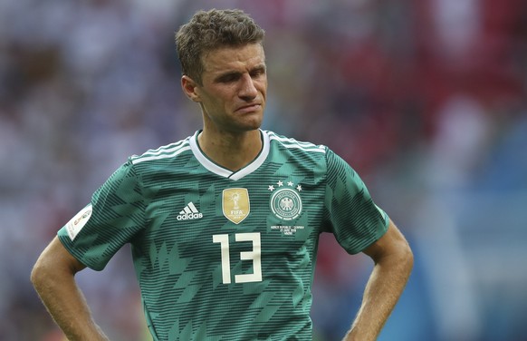 Germany&#039;s Thomas Mueller leaves the pith at the end of the group F match between South Korea and Germany, at the 2018 soccer World Cup in the Kazan Arena in Kazan, Russia, Wednesday, June 27, 201 ...