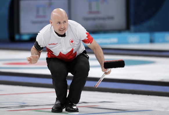 Canada&#039;s skip Kevin Koe gestures during the men&#039;s curling match against Switzerland at the 2018 Winter Olympics in Gangneung, South Korea, Friday, Feb. 23, 2018. Switzerland won the bronze m ...