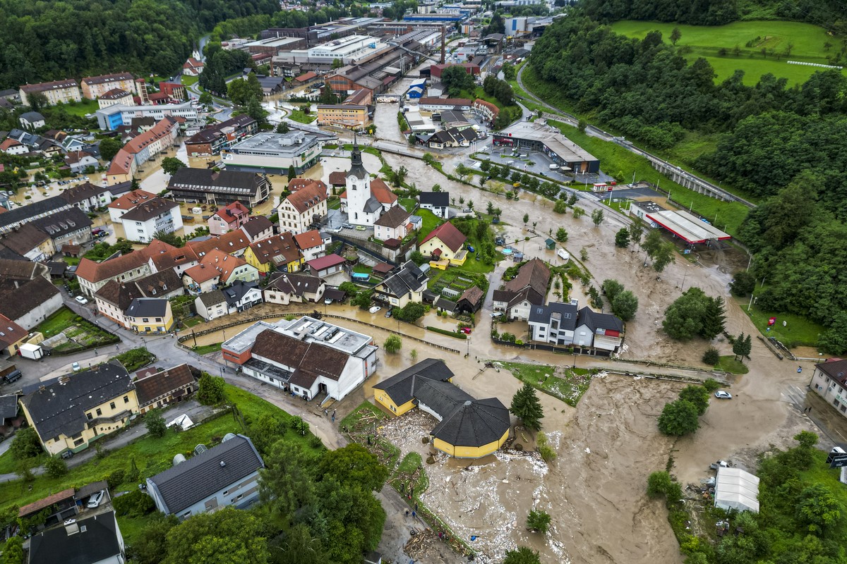 A flooded area is seen in Ravne na Koroskem, some 60 km (38 miles) northeast of Ljubljana, Slovenia, Friday, Aug. 4, 2023. Heavy rains caused flash floods and landslides in parts of Slovenia, blocking ...