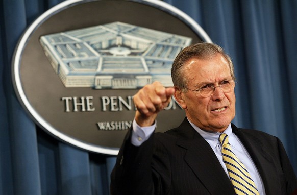 epa09314276 (FILE) - US Secretary of Defence Donald Rumsfeld answers a question from the news media during a press conference Tuesday 06 January 2004 (reissued 30 June 2021). According to his family,  ...