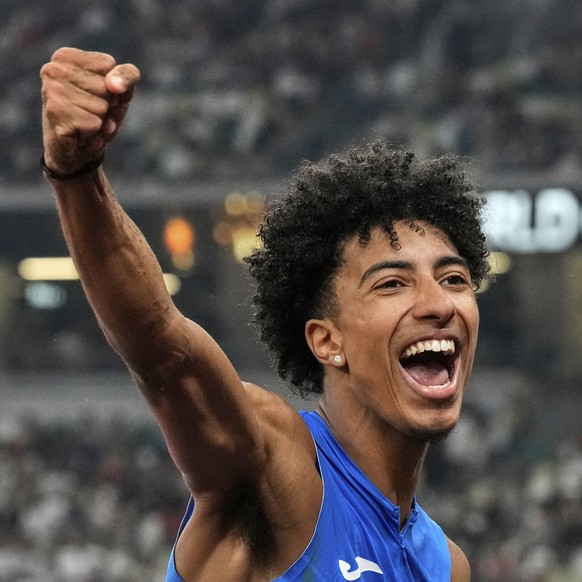 Italy&#039;s Mattia Furlani reacts after taking the gold medal in the men&#039;s long jump final at the World Athletics Championships in Tokyo, Wednesday, Sept. 17, 2025. (AP Photo/Hiro Komae)
Japan A ...