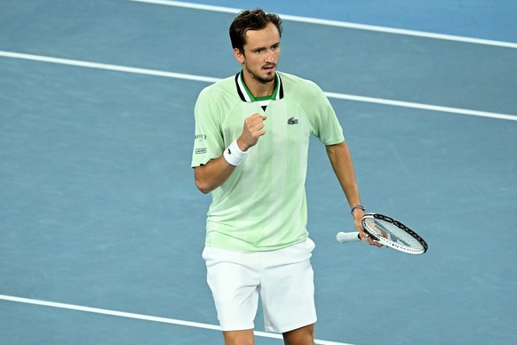 epa09713858 Daniil Medvedev of Russia reacts during his men&#039;s semi final match against Stefanos Tsitsipas of Greece at the Australian Open Grand Slam tennis tournament at Melbourne Park in Melbou ...