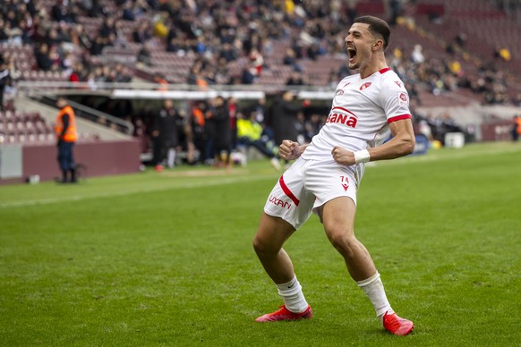Elmin Rastoder (FCT), laisse eclater sa joie, lors de la rencontre de football de Swiss Super League entre le Servette FC, SFC, et le FC Thun, FCT, ce dimanche 8 fevrier 2026 au Stade De Geneve a Gene ...