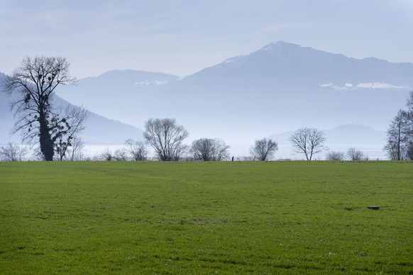 Menschen spazieren am Seeufer bei der Chollermuelli-Landschaft der Lorzenebene, zwischen der Stadt Zug und Cham mit der Rigi im Hintergrund, fotografiert am Dienstag, 24. Maerz 2026 in Zug. Die Stiftu ...