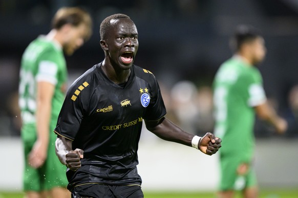 Le milieu zurichois Awer Mabil celebre son but du 0 a 2 lors de la rencontre de football de Super League entre le Yverdon Sport FC et le Grasshopper Club Zuerich, GCZ, ce samedi 7 octobre 2023 au stad ...