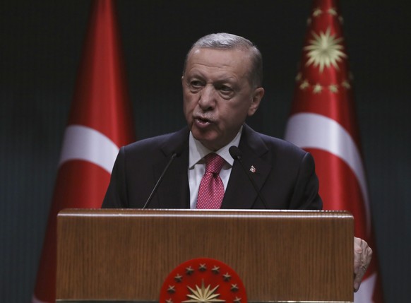 Turkey&#039;s President Recep Tayyip Erdogan speaks at his presidential palace, in Ankara, Turkey, Friday, March 10, 2022. Erdogan suggested Wednesday, March 15, that his country could soon ratify Fin ...