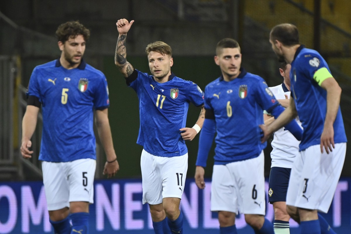 Italy's Ciro Immobile celebrates after scoring his team's second goal during the World Cup 2022 qualifier group c soccer game between Italy and Northern Ireland at the Stadio Ennio Tardini i ...