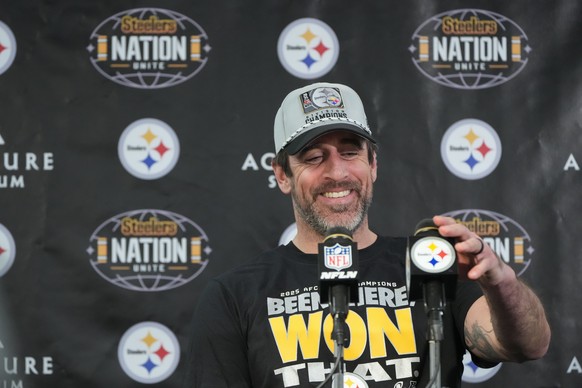 Pittsburgh Steelers quarterback Aaron Rodgers speaks during a news conference after an NFL football game against the Baltimore Ravens, Monday, Jan. 5, 2026, in Pittsburgh. (AP Photo/Gene J. Puskar)
Ra ...