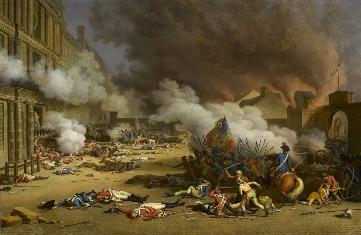 Der Tuileriensturm am 10. August 1792. Die Schweizergardisten trugen rot-weisse Uniformen.
https://commons.wikimedia.org/wiki/File:Jacques_Bertaux_-_Der_Tuileriensturm_am_10._August_1792.jpg